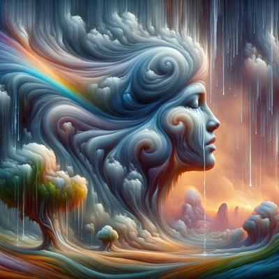 The primary subject of the image is a woman's face, which is the focal point of the artwork. The setting is a surreal, dreamlike environment, with a backdrop of clouds and a sky. The visual style is a combination of digital art and illustration, creating a vibrant and colorful atmosphere. The colors and mood of the image are predominantly warm and inviting, with a sense of surrealism and fantasy.